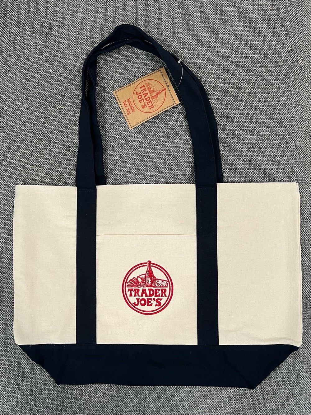 Trader Joe's Canvas Tote Bag in Cream and Navy Blue